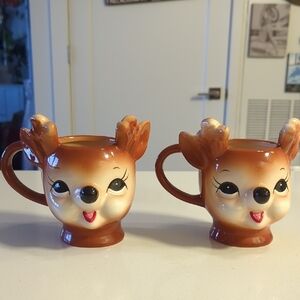 Pottery Barn Vintage style Brown Reindeer Decor Mugs with Antlers